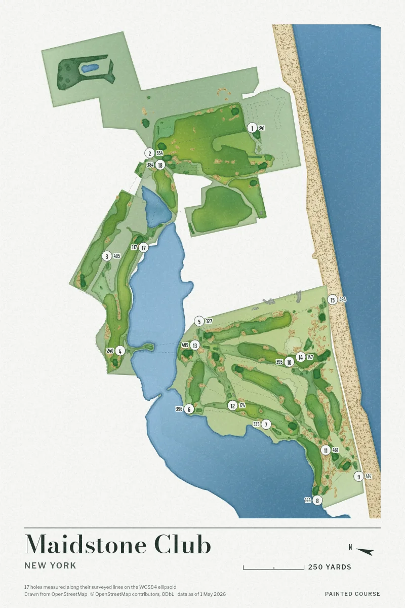 Maidstone Club, New York, USA, drawn in the Watercolour style from its OpenStreetMap survey: 17 holes, each numbered at its tee with its measured yards beside it.