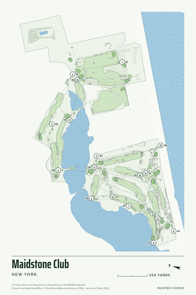 Maidstone Club, New York, USA, drawn in the Yardage style from its OpenStreetMap survey: 17 holes, each numbered at its tee with its measured yards beside it.