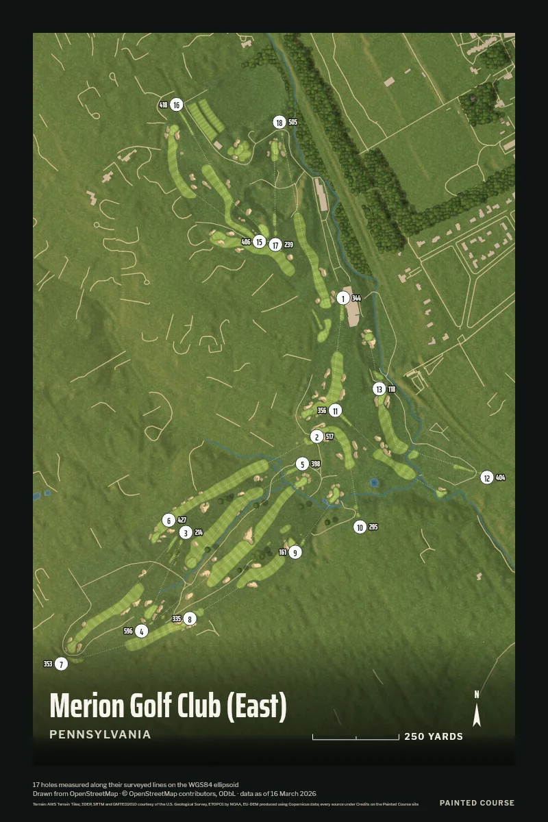 Merion Golf Club (East), Pennsylvania, USA, drawn in the Aerial style from its OpenStreetMap survey: 17 holes, each numbered at its tee with its measured yards beside it.