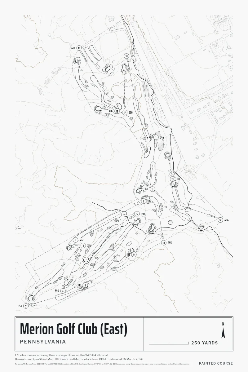 Merion Golf Club (East), Pennsylvania, USA, drawn in the Architect style from its OpenStreetMap survey: 17 holes, each numbered at its tee with its measured yards beside it.