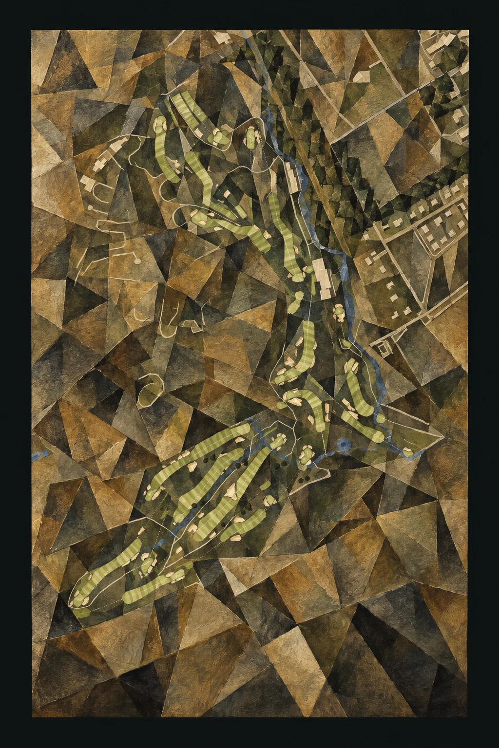 Merion Golf Club (East), Pennsylvania, USA, seen from above and painted in the Cubist manner after Picasso and Braque: the routing of its 17 holes, its greens and its bunkers, in paint.