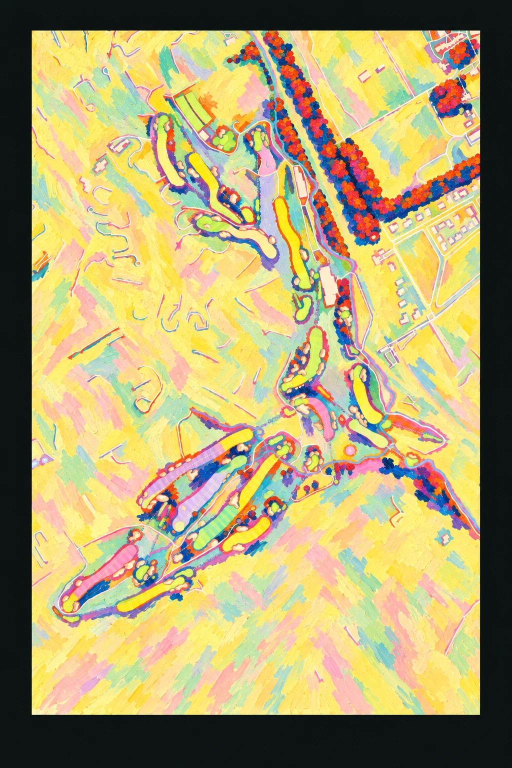 Merion Golf Club (East), Pennsylvania, USA, seen from above and painted in the Fauve manner after the Fauves of 1905: the routing of its 17 holes, its greens and its bunkers, in paint.