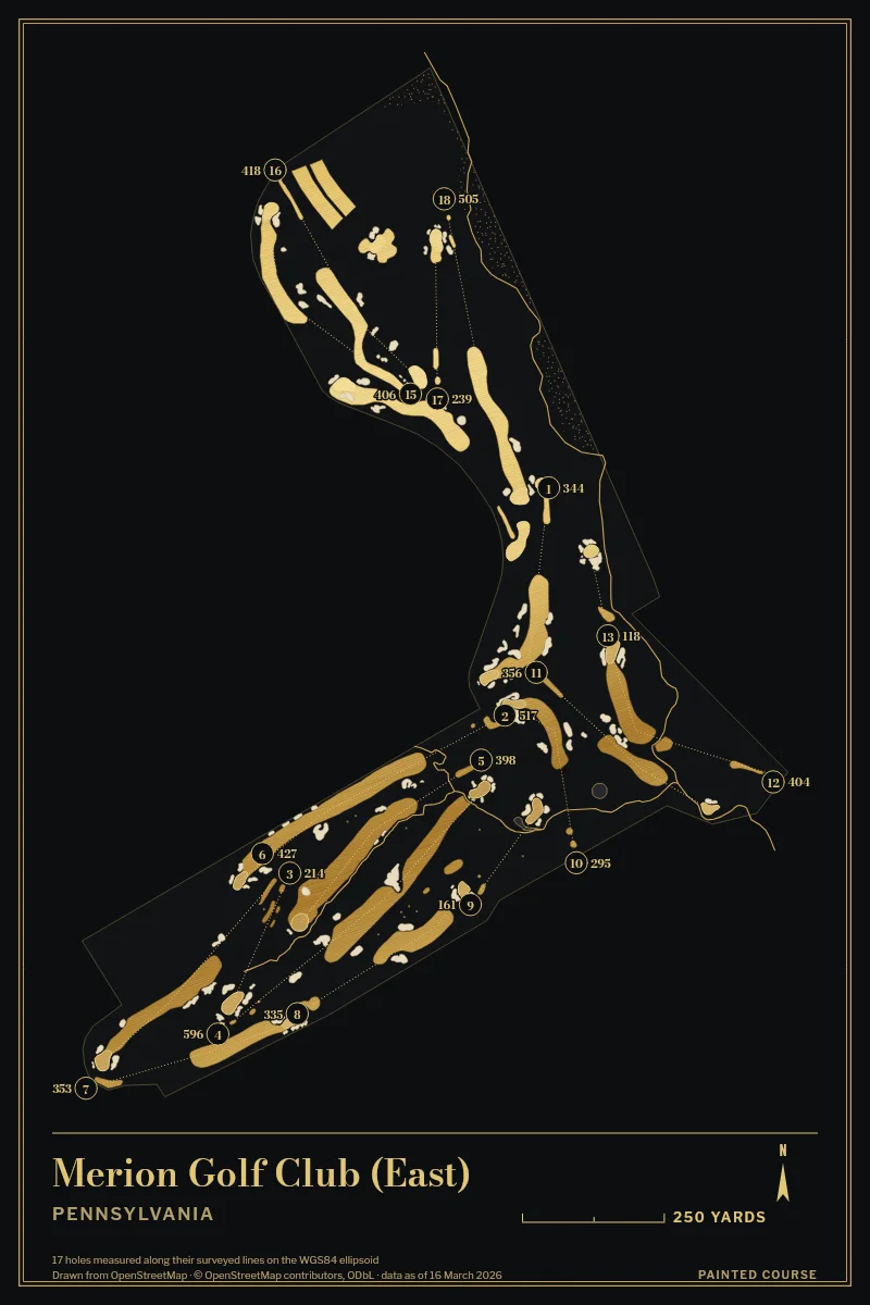 Merion Golf Club (East), Pennsylvania, USA, drawn in the Gilt style from its OpenStreetMap survey: 17 holes, each numbered at its tee with its measured yards beside it.