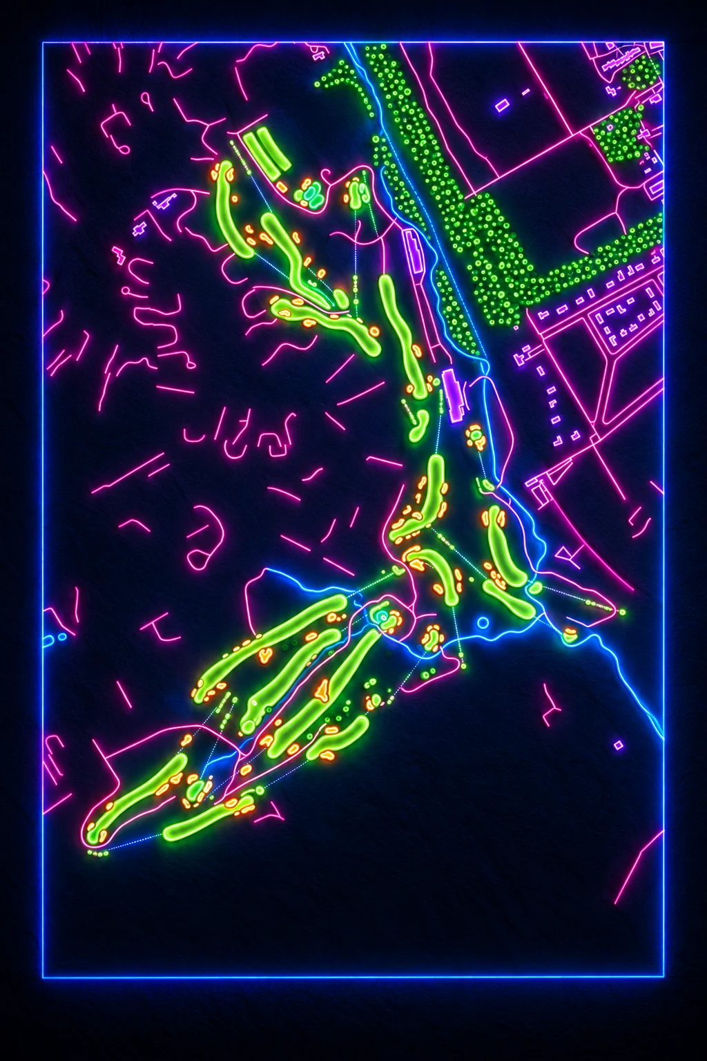 Merion Golf Club (East), Pennsylvania, USA, seen from above and painted in the Neon manner: the routing of its 17 holes, its greens and its bunkers, in paint.