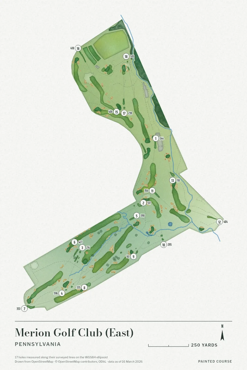 Merion Golf Club (East), Pennsylvania, USA, drawn in the Watercolour style from its OpenStreetMap survey: 17 holes, each numbered at its tee with its measured yards beside it.