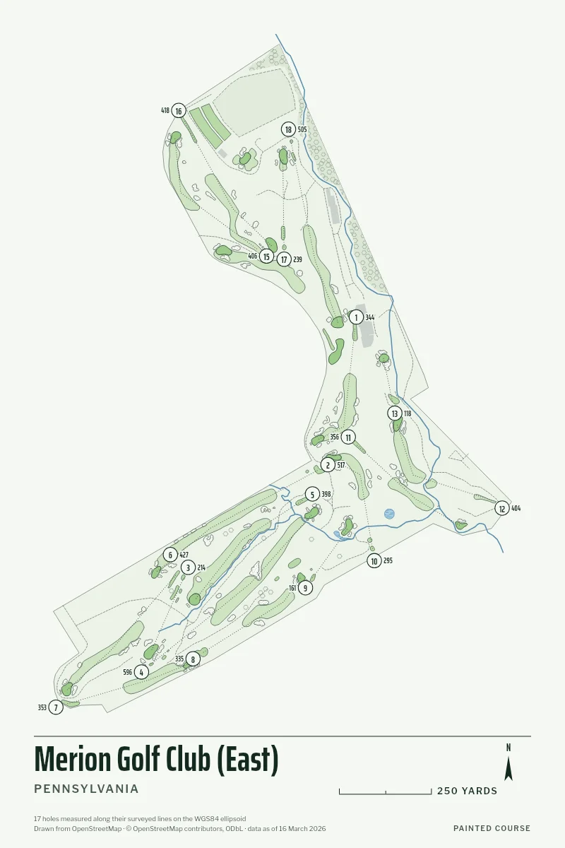 Merion Golf Club (East), Pennsylvania, USA, drawn in the Yardage style from its OpenStreetMap survey: 17 holes, each numbered at its tee with its measured yards beside it.