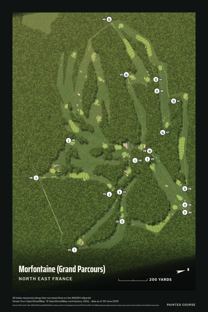 Morfontaine (Grand Parcours), North East France, France, drawn in the Aerial style from its OpenStreetMap survey: 18 holes, each numbered at its tee with its measured yards beside it.