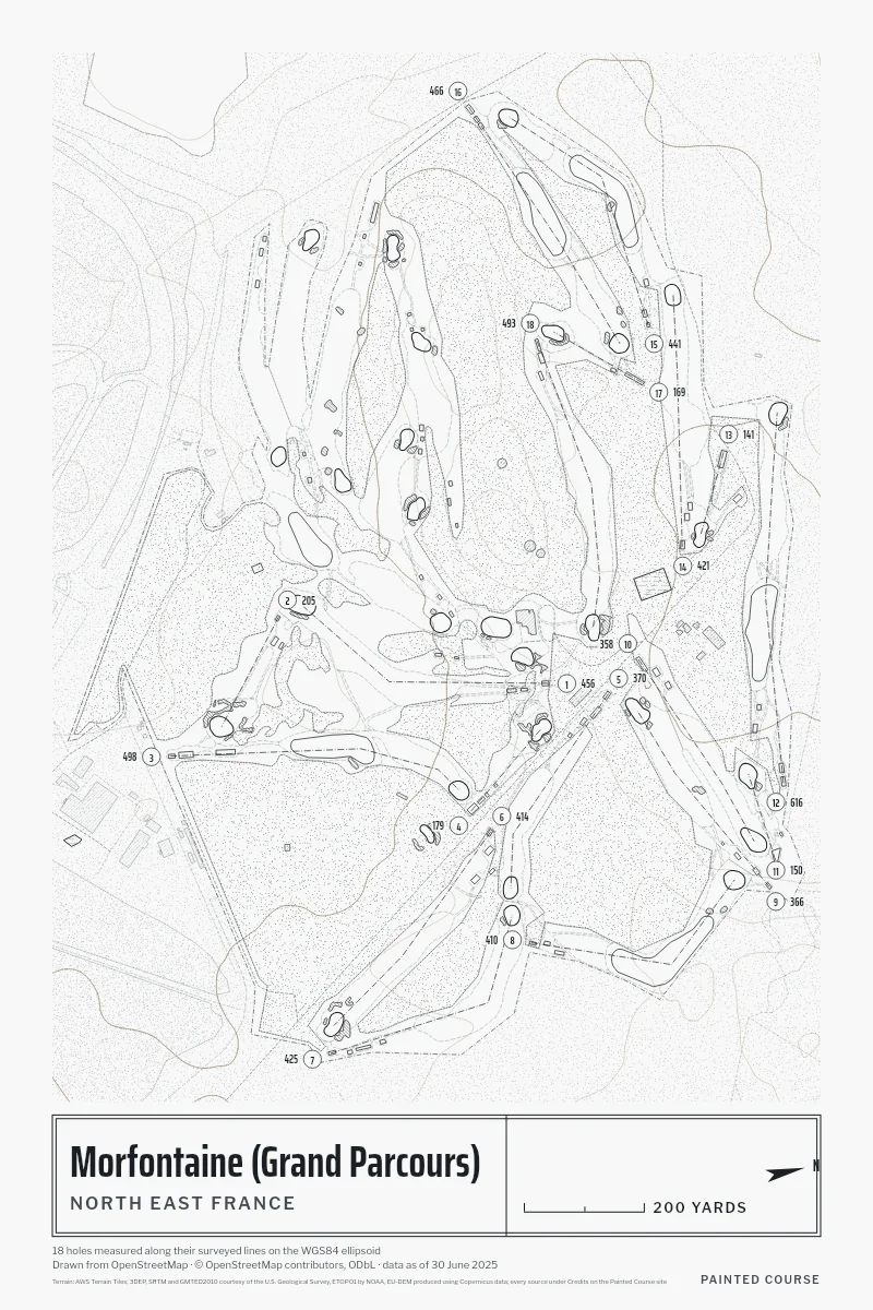 Morfontaine (Grand Parcours), North East France, France, drawn in the Architect style from its OpenStreetMap survey: 18 holes, each numbered at its tee with its measured yards beside it.