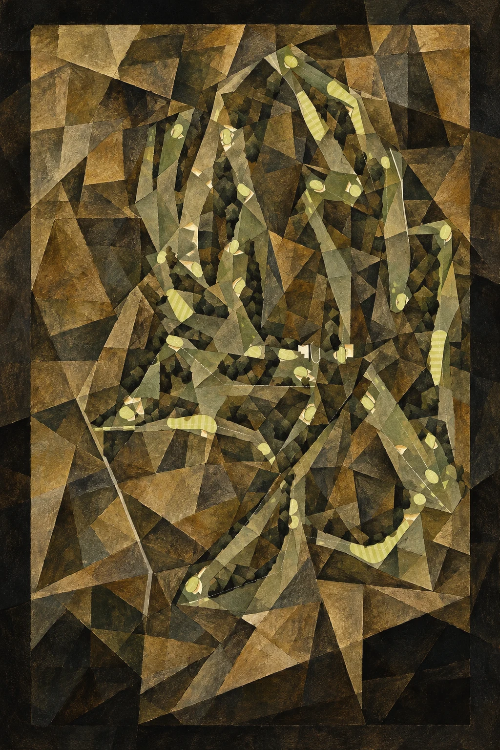 Morfontaine (Grand Parcours), North East France, France, seen from above and painted in the Cubist manner after Picasso and Braque: the routing of its 18 holes, its greens and its bunkers, in paint.