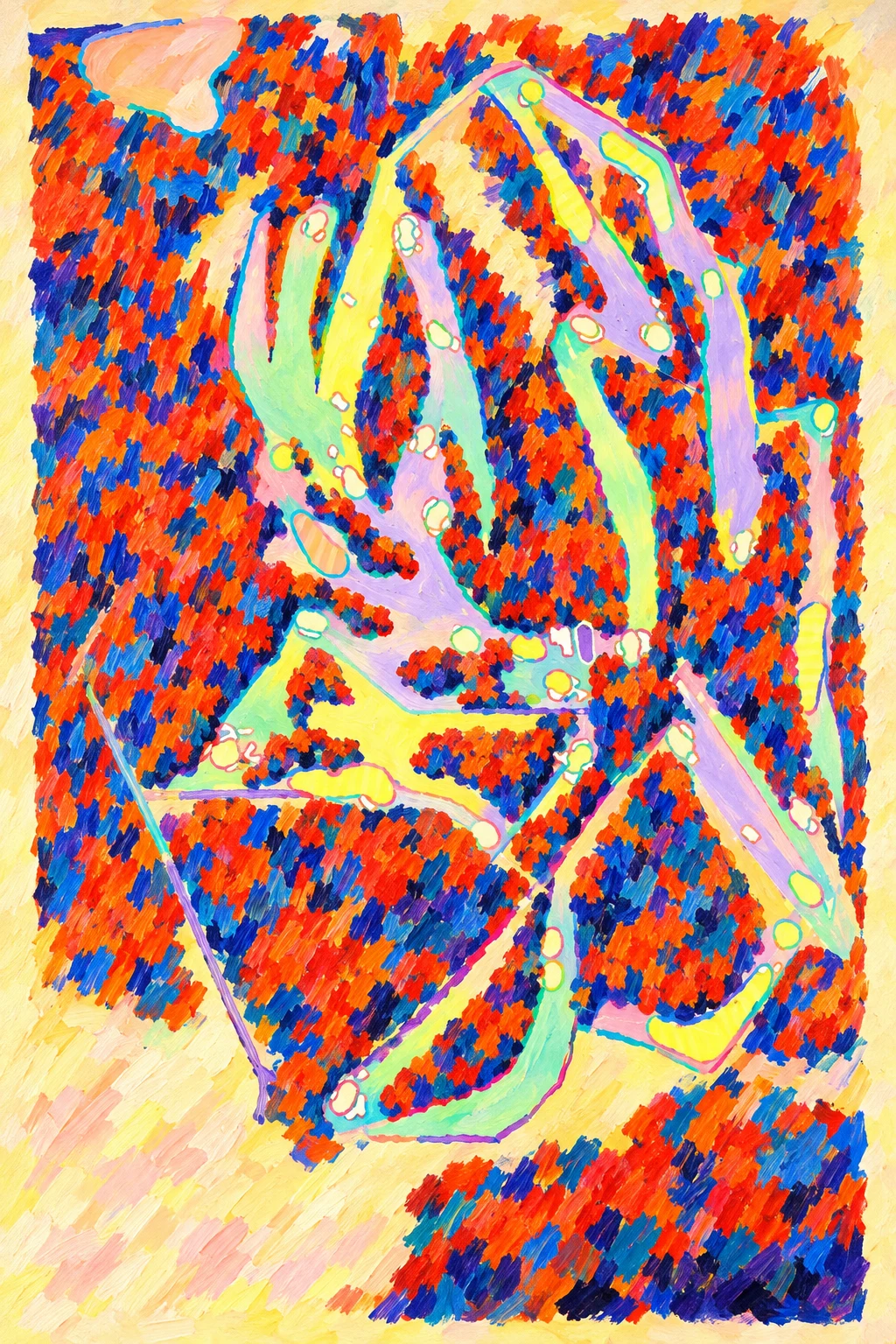 Morfontaine (Grand Parcours), North East France, France, seen from above and painted in the Fauve manner after the Fauves of 1905: the routing of its 18 holes, its greens and its bunkers, in paint.