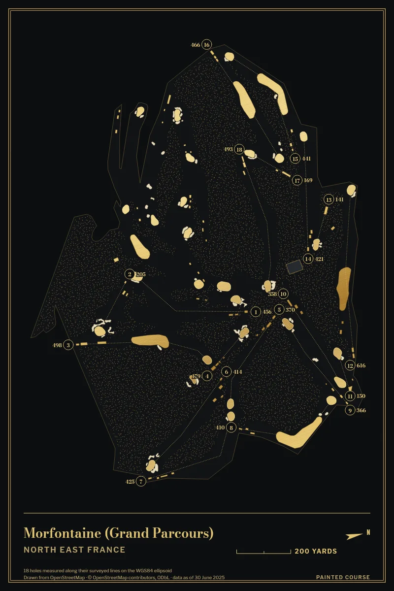 Morfontaine (Grand Parcours), North East France, France, drawn in the Gilt style from its OpenStreetMap survey: 18 holes, each numbered at its tee with its measured yards beside it.