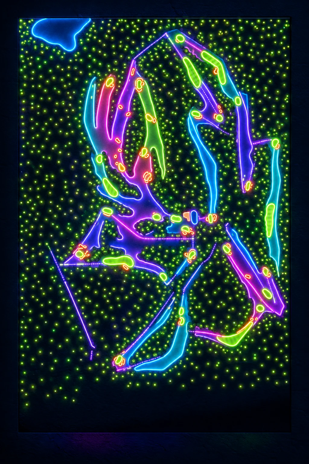 Morfontaine (Grand Parcours), North East France, France, seen from above and painted in the Neon manner: the routing of its 18 holes, its greens and its bunkers, in paint.