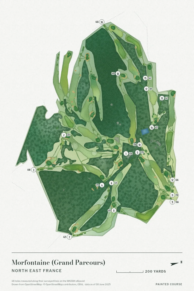 Morfontaine (Grand Parcours), North East France, France, drawn in the Watercolour style from its OpenStreetMap survey: 18 holes, each numbered at its tee with its measured yards beside it.