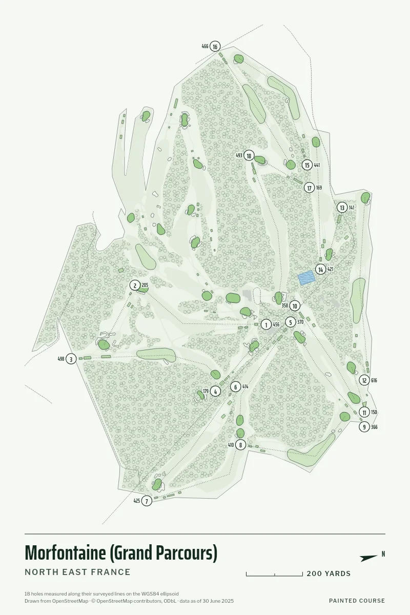 Morfontaine (Grand Parcours), North East France, France, drawn in the Yardage style from its OpenStreetMap survey: 18 holes, each numbered at its tee with its measured yards beside it.