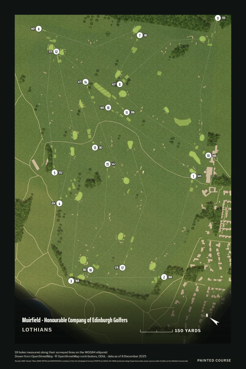 Muirfield - Honourable Company of Edinburgh Golfers, Lothians, Scotland, drawn in the Aerial style from its OpenStreetMap survey: 18 holes, each numbered at its tee with its measured yards beside it.