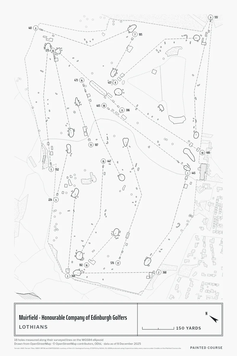 Muirfield - Honourable Company of Edinburgh Golfers, Lothians, Scotland, drawn in the Architect style from its OpenStreetMap survey: 18 holes, each numbered at its tee with its measured yards beside it.