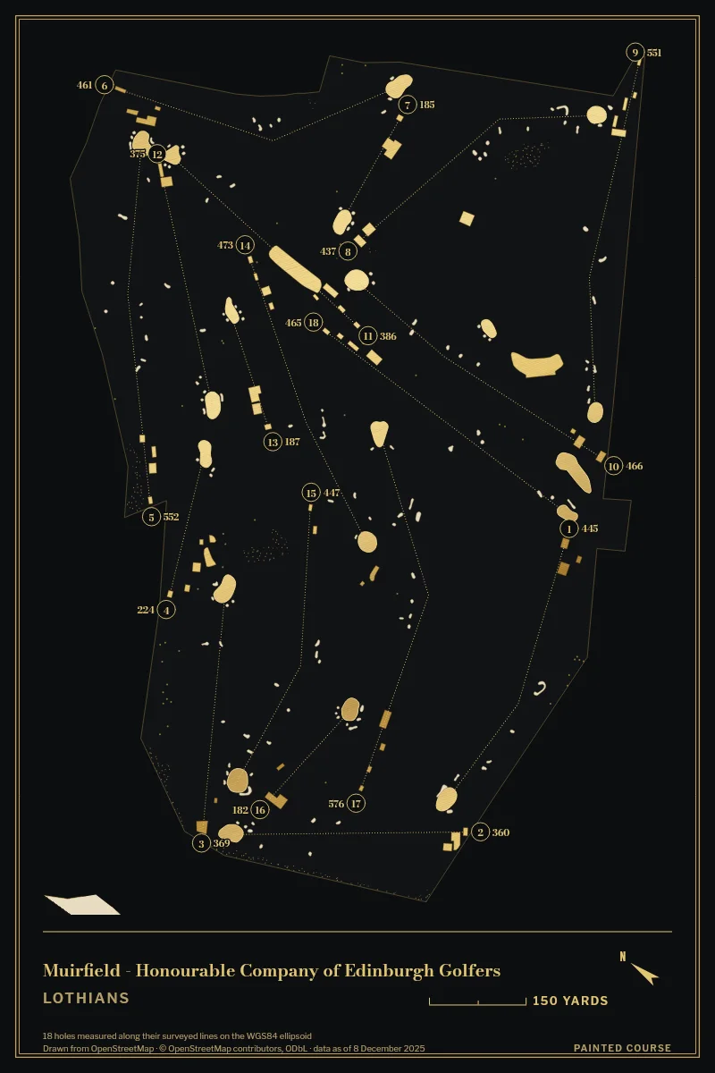 Muirfield - Honourable Company of Edinburgh Golfers, Lothians, Scotland, drawn in the Gilt style from its OpenStreetMap survey: 18 holes, each numbered at its tee with its measured yards beside it.