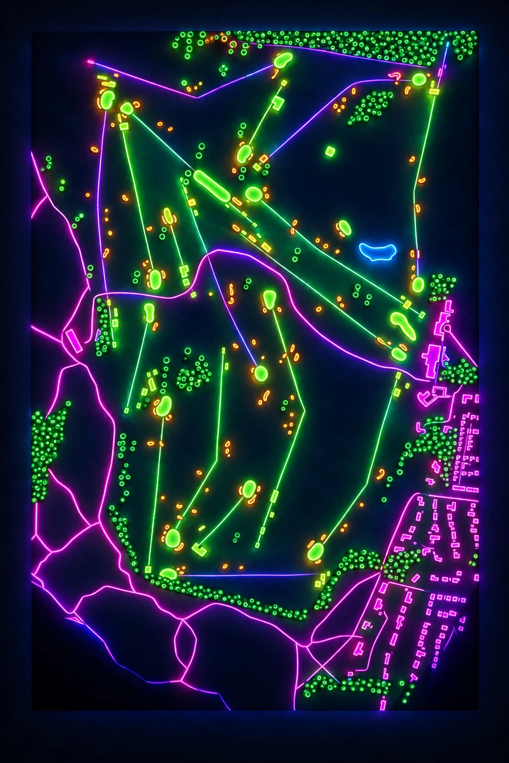 Muirfield - Honourable Company of Edinburgh Golfers, Lothians, Scotland, seen from above and painted in the Neon manner: the routing of its 18 holes, its greens and its bunkers, in paint.