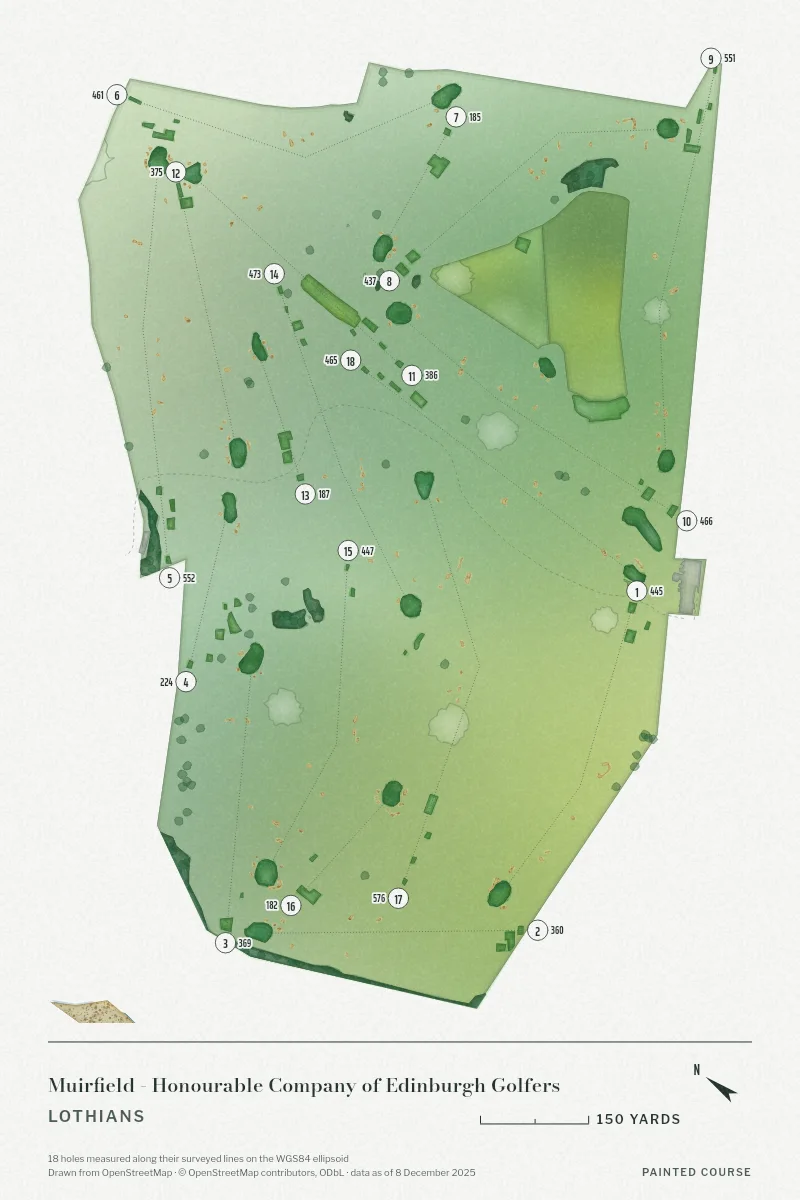 Muirfield - Honourable Company of Edinburgh Golfers, Lothians, Scotland, drawn in the Watercolour style from its OpenStreetMap survey: 18 holes, each numbered at its tee with its measured yards beside it.