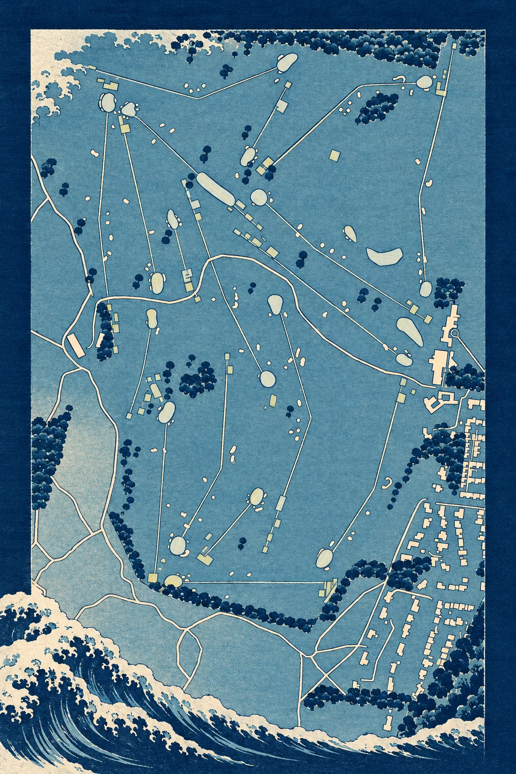 Muirfield - Honourable Company of Edinburgh Golfers, Lothians, Scotland, seen from above and painted in the Woodblock manner after Katsushika Hokusai: the routing of its 18 holes, its greens and its bunkers, in paint.