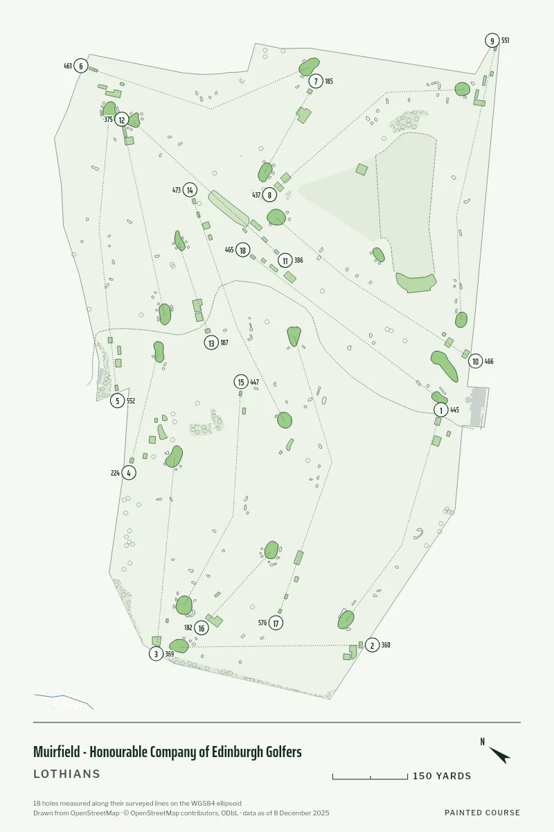 Muirfield - Honourable Company of Edinburgh Golfers, Lothians, Scotland, drawn in the Yardage style from its OpenStreetMap survey: 18 holes, each numbered at its tee with its measured yards beside it.