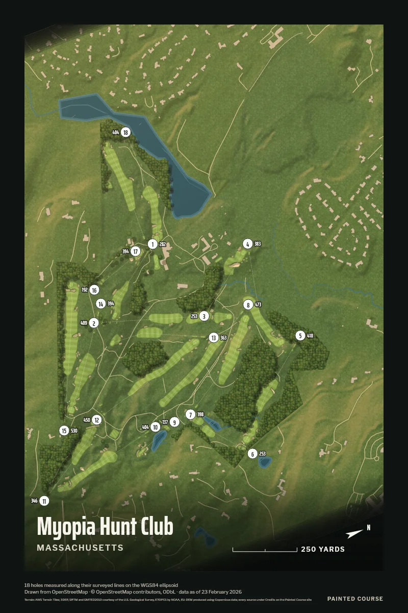 Myopia Hunt Club, Massachusetts, USA, drawn in the Aerial style from its OpenStreetMap survey: 18 holes, each numbered at its tee with its measured yards beside it.