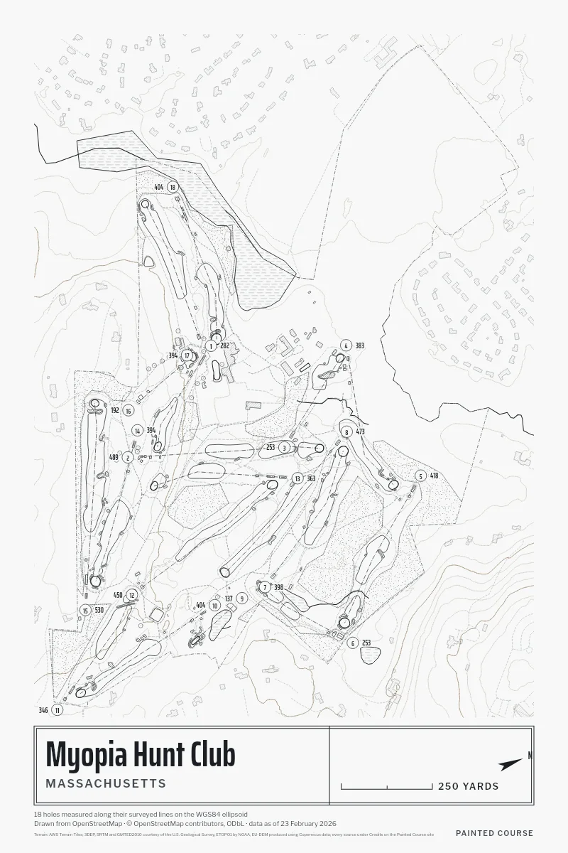 Myopia Hunt Club, Massachusetts, USA, drawn in the Architect style from its OpenStreetMap survey: 18 holes, each numbered at its tee with its measured yards beside it.
