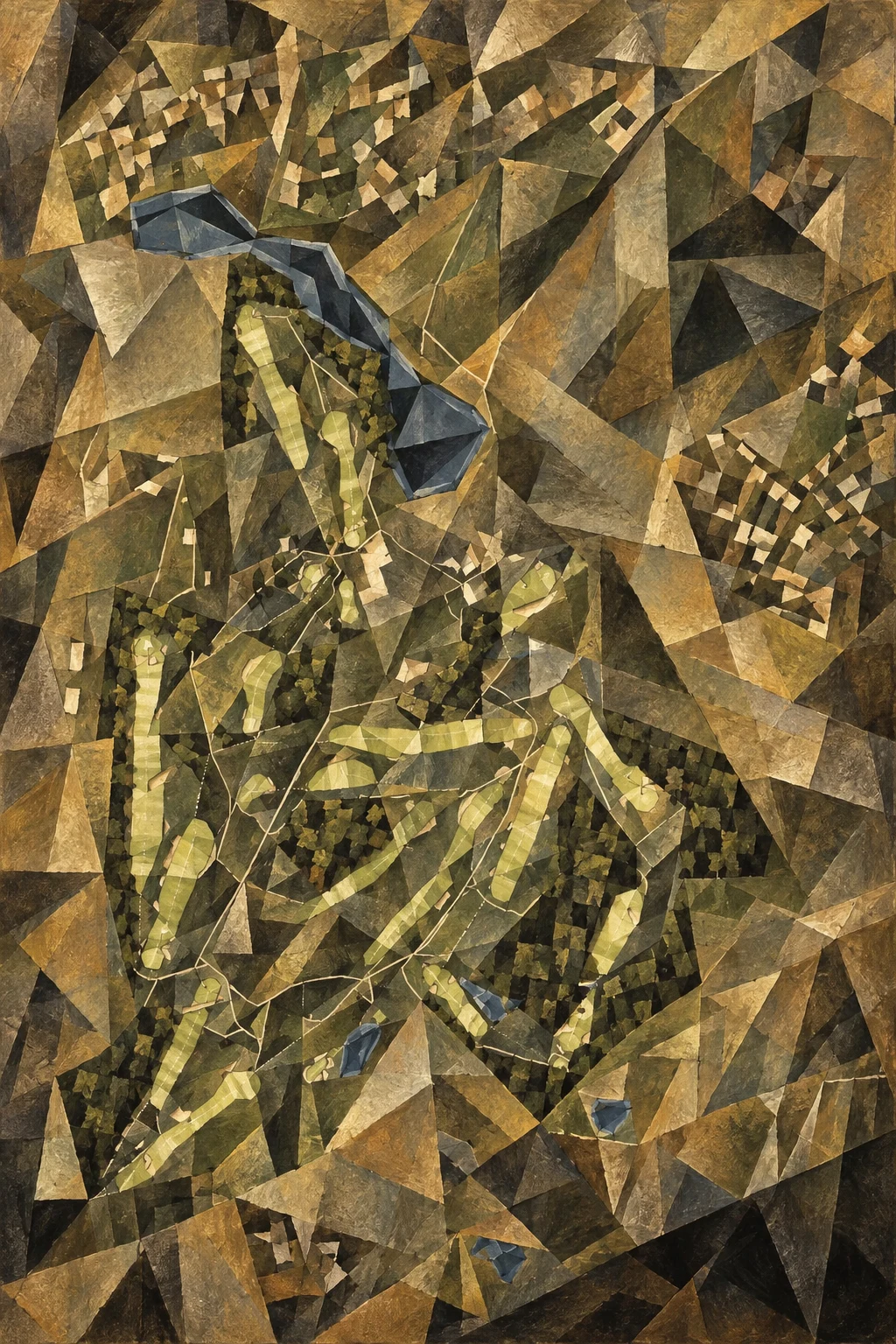 Myopia Hunt Club, Massachusetts, USA, seen from above and painted in the Cubist manner after Picasso and Braque: the routing of its 18 holes, its greens and its bunkers, in paint.