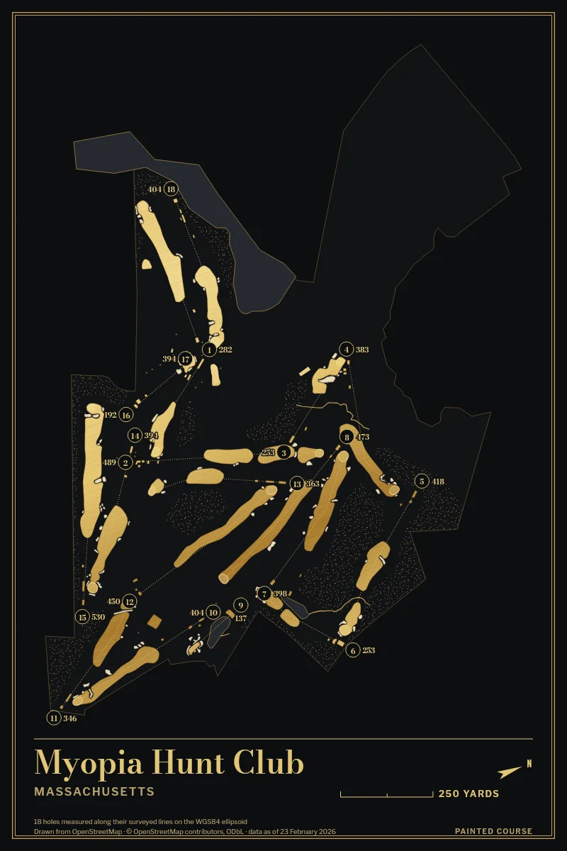 Myopia Hunt Club, Massachusetts, USA, drawn in the Gilt style from its OpenStreetMap survey: 18 holes, each numbered at its tee with its measured yards beside it.
