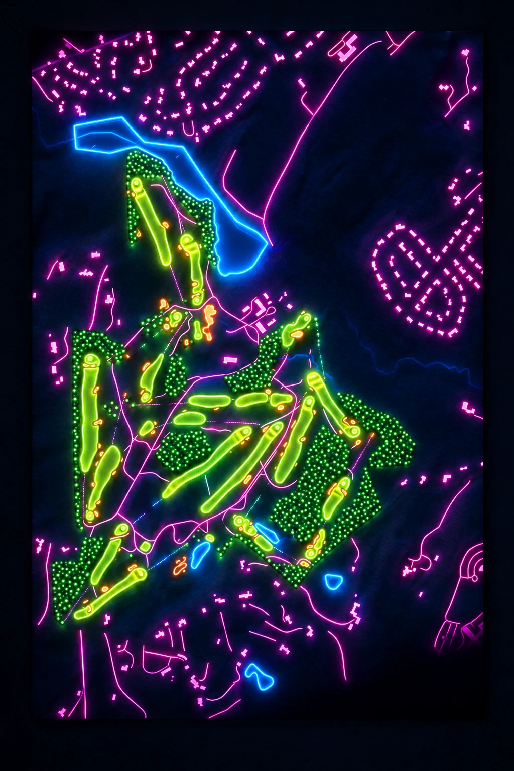 Myopia Hunt Club, Massachusetts, USA, seen from above and painted in the Neon manner: the routing of its 18 holes, its greens and its bunkers, in paint.