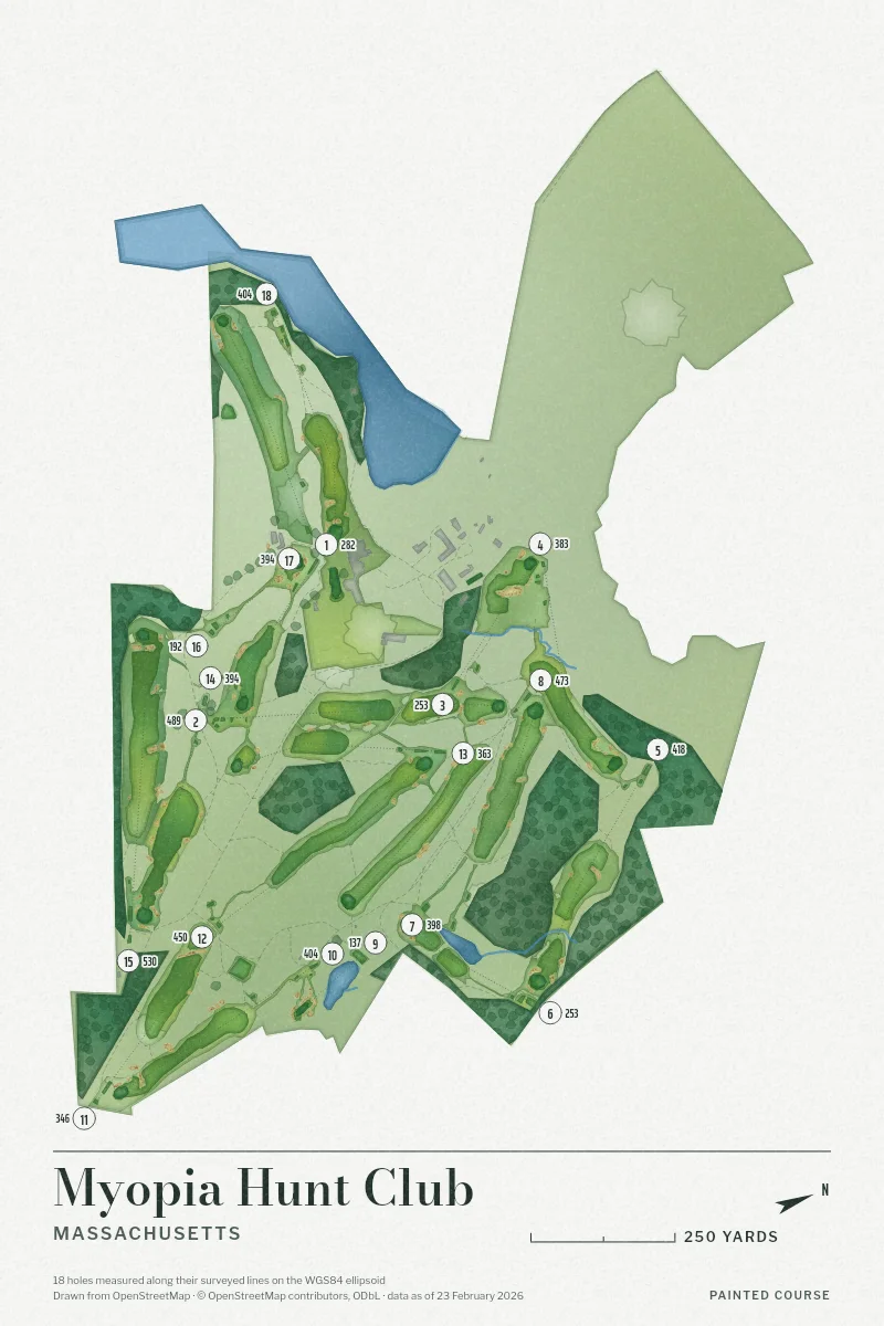 Myopia Hunt Club, Massachusetts, USA, drawn in the Watercolour style from its OpenStreetMap survey: 18 holes, each numbered at its tee with its measured yards beside it.