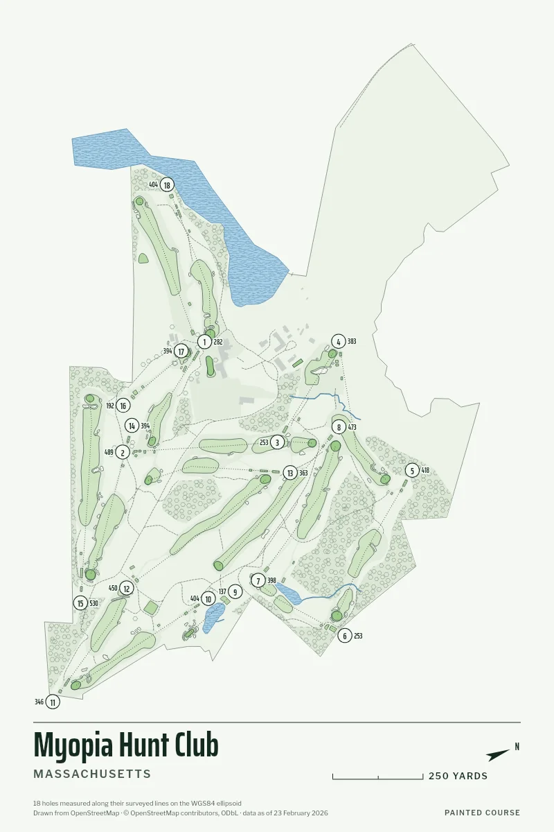 Myopia Hunt Club, Massachusetts, USA, drawn in the Yardage style from its OpenStreetMap survey: 18 holes, each numbered at its tee with its measured yards beside it.