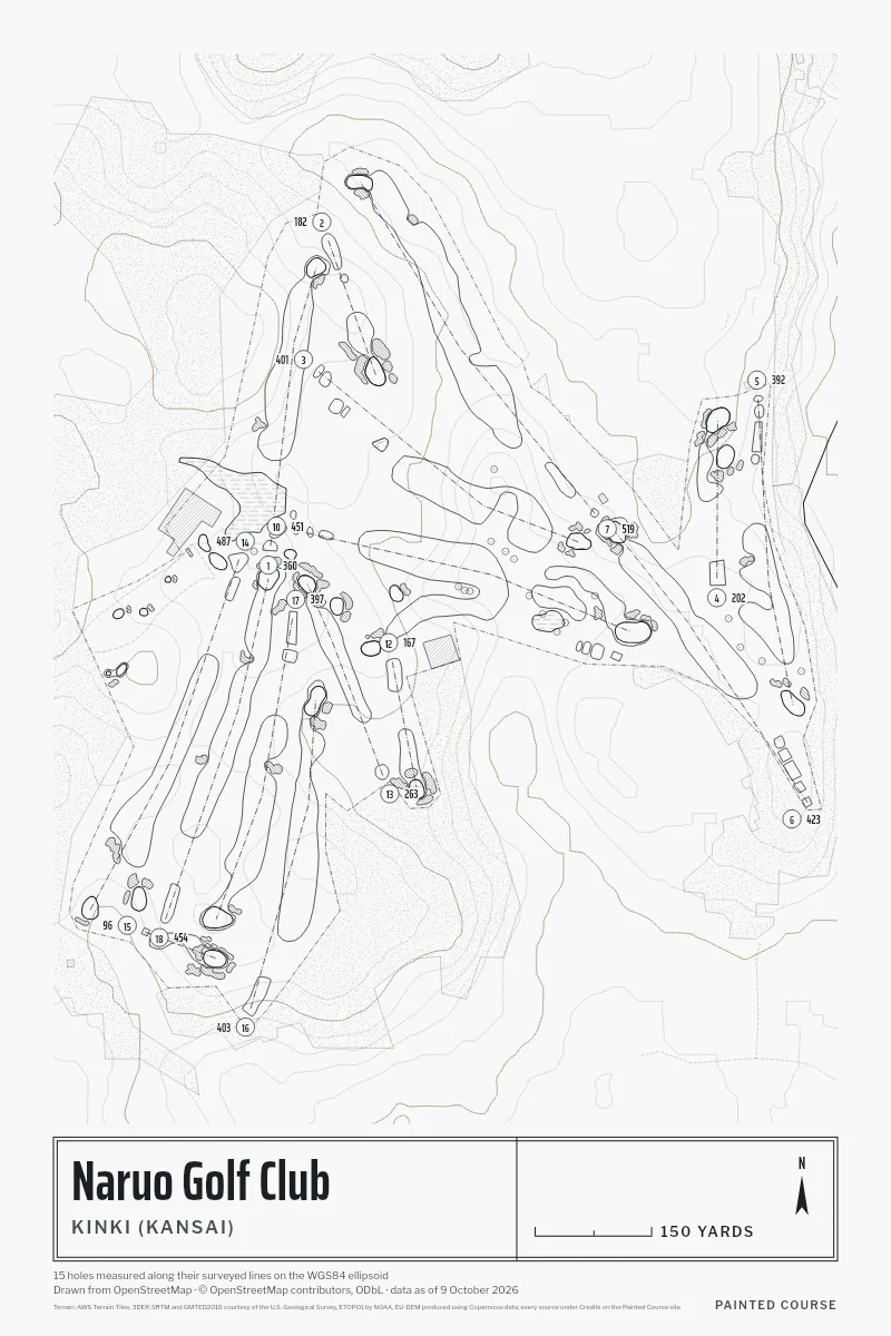 Naruo Golf Club, Kinki (Kansai), Japan, drawn in the Architect style from its OpenStreetMap survey: 15 holes, each numbered at its tee with its measured yards beside it.