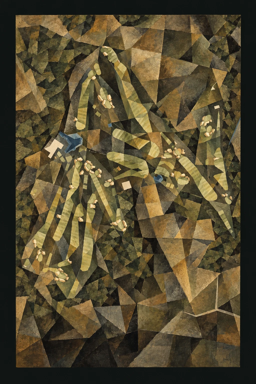 Naruo Golf Club, Kinki (Kansai), Japan, seen from above and painted in the Cubist manner after Picasso and Braque: the routing of its 15 holes, its greens and its bunkers, in paint.