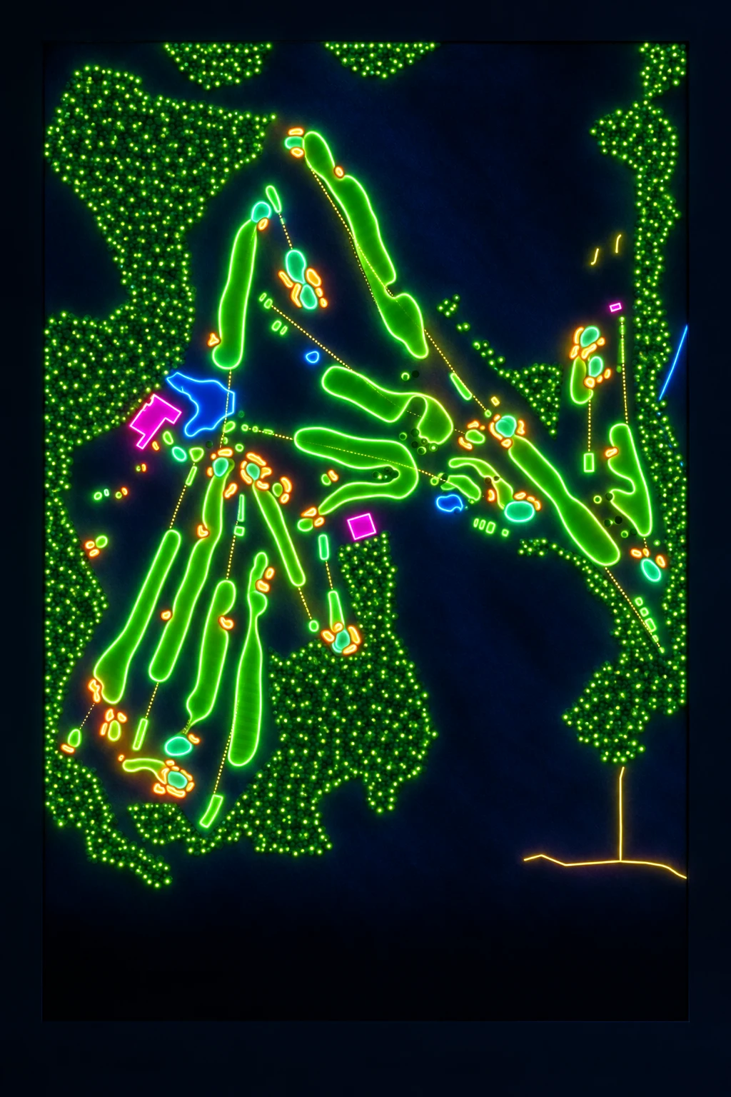 Naruo Golf Club, Kinki (Kansai), Japan, seen from above and painted in the Neon manner: the routing of its 15 holes, its greens and its bunkers, in paint.