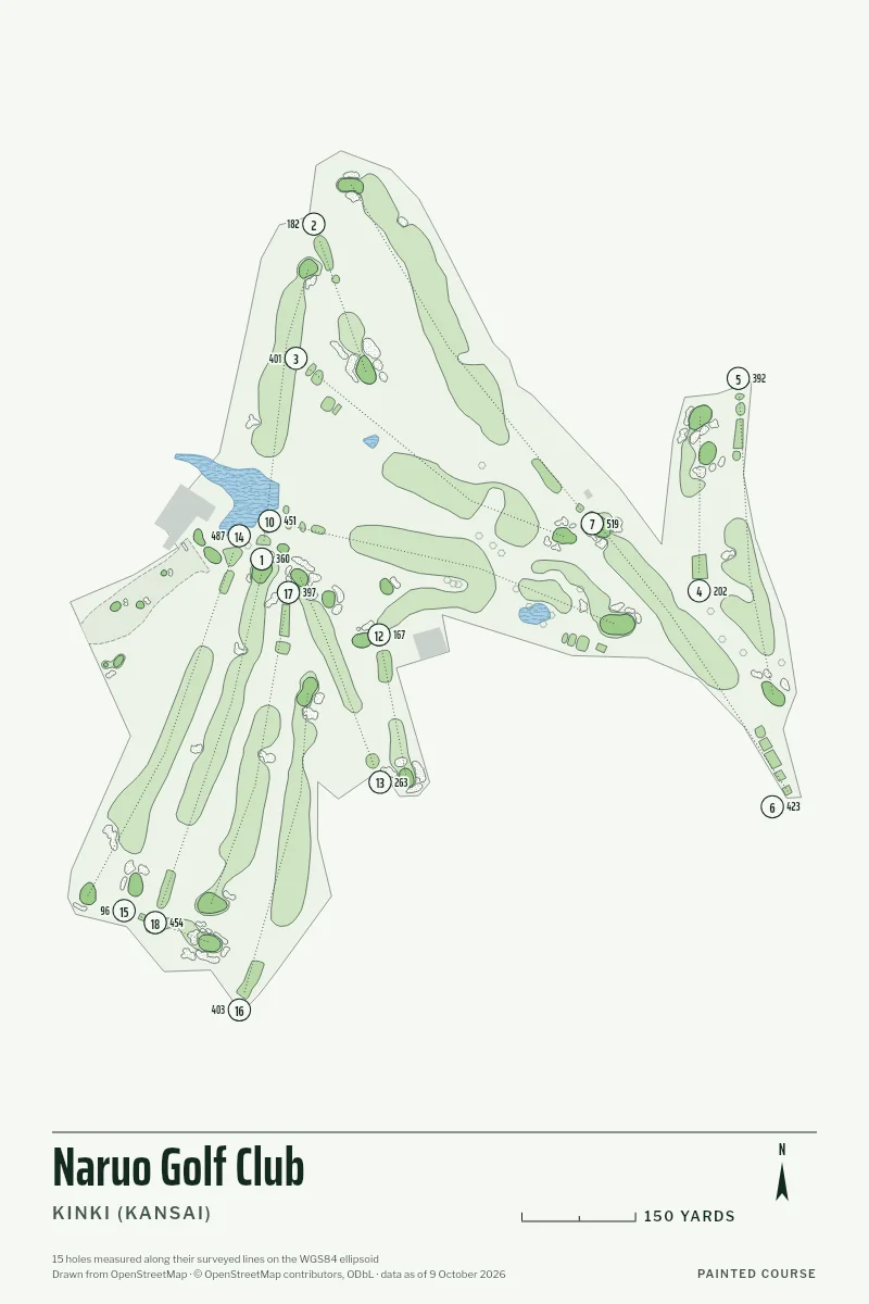 Naruo Golf Club, Kinki (Kansai), Japan, drawn in the Yardage style from its OpenStreetMap survey: 15 holes, each numbered at its tee with its measured yards beside it.