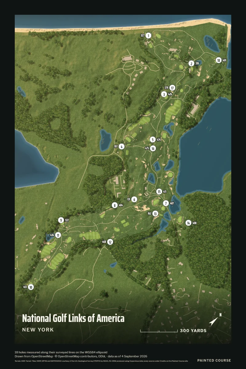 National Golf Links of America, New York, USA, drawn in the Aerial style from its OpenStreetMap survey: 18 holes, each numbered at its tee with its measured yards beside it.