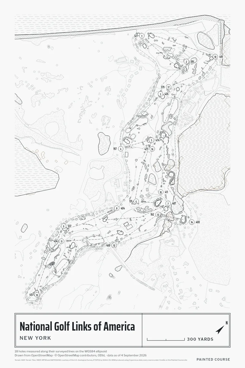 National Golf Links of America, New York, USA, drawn in the Architect style from its OpenStreetMap survey: 18 holes, each numbered at its tee with its measured yards beside it.
