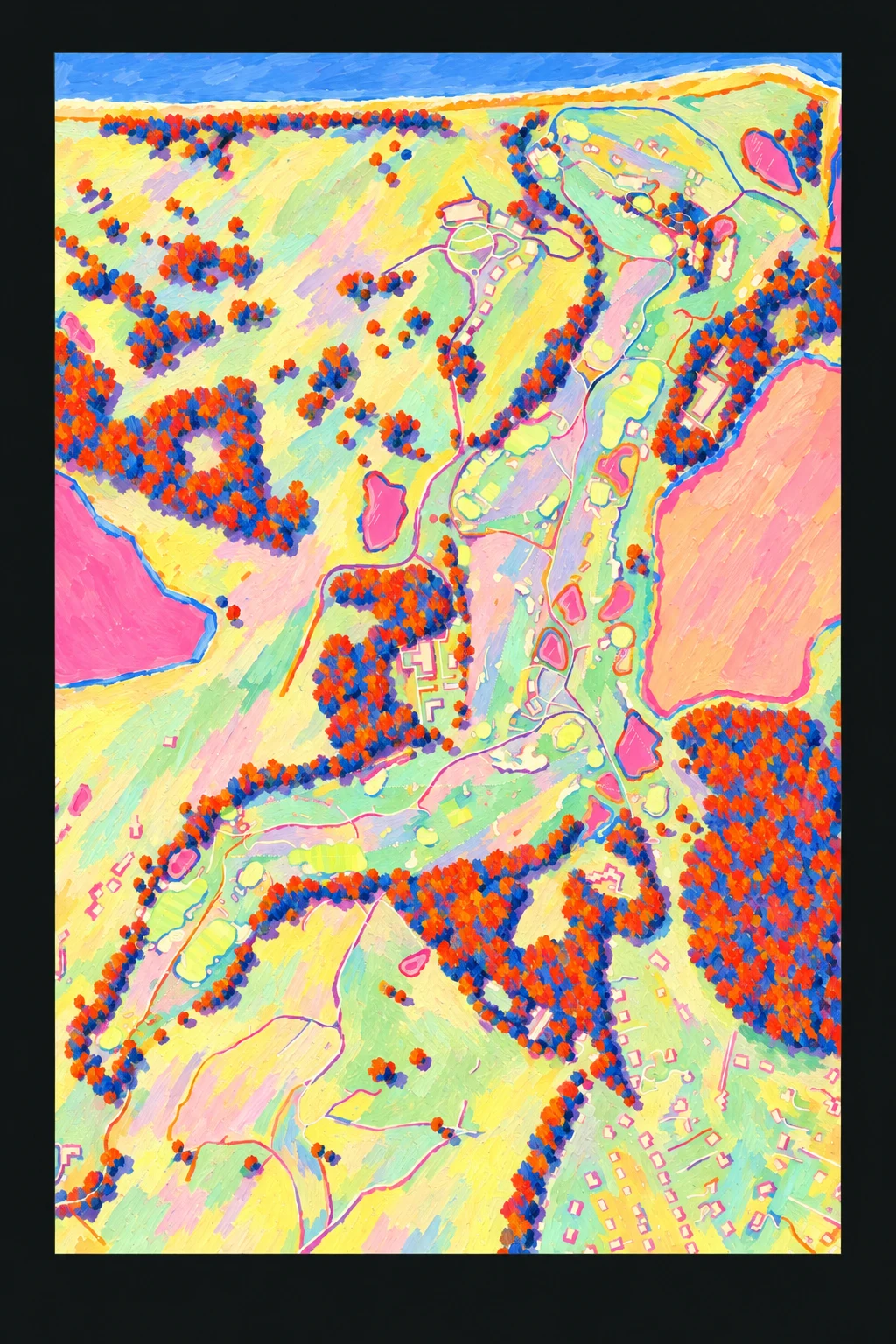 National Golf Links of America, New York, USA, seen from above and painted in the Fauve manner after the Fauves of 1905: the routing of its 18 holes, its greens and its bunkers, in paint.