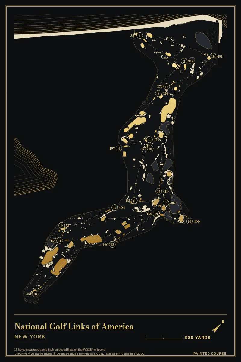 National Golf Links of America, New York, USA, drawn in the Gilt style from its OpenStreetMap survey: 18 holes, each numbered at its tee with its measured yards beside it.