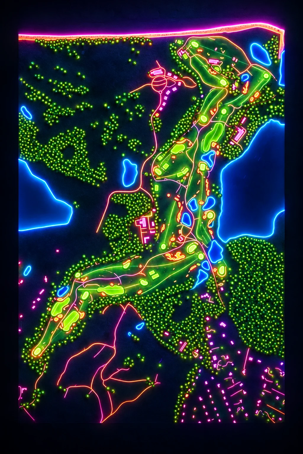 National Golf Links of America, New York, USA, seen from above and painted in the Neon manner: the routing of its 18 holes, its greens and its bunkers, in paint.