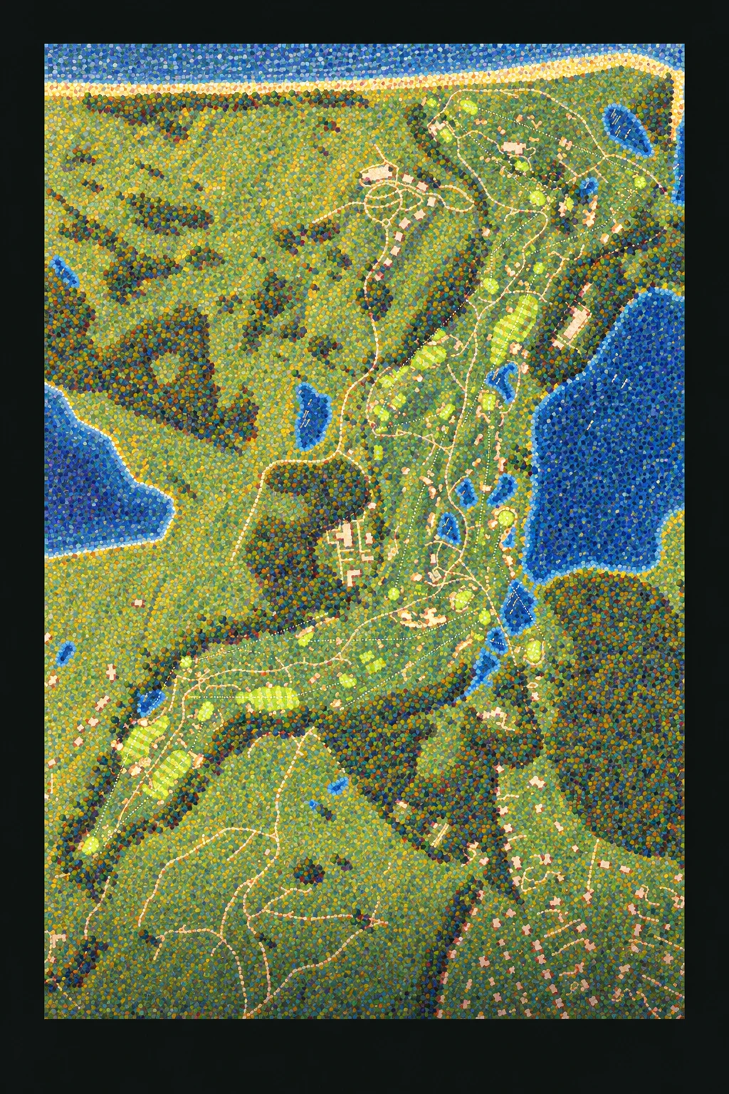 National Golf Links of America, New York, USA, seen from above and painted in the Pointillist manner after Georges Seurat: the routing of its 18 holes, its greens and its bunkers, in paint.