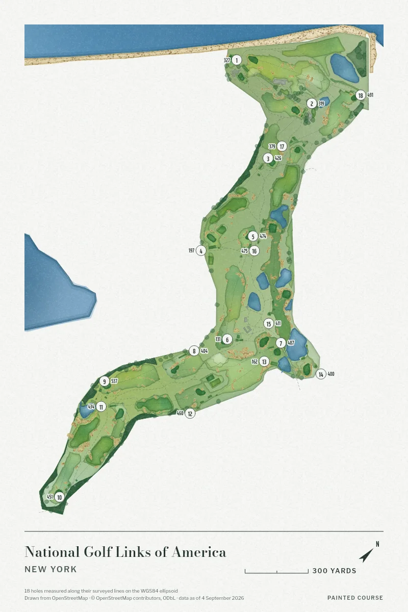 National Golf Links of America, New York, USA, drawn in the Watercolour style from its OpenStreetMap survey: 18 holes, each numbered at its tee with its measured yards beside it.
