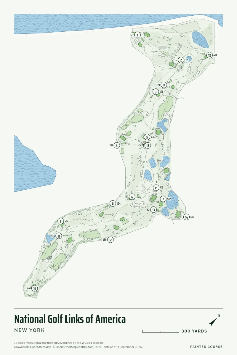 National Golf Links of America, New York, USA, drawn in the Yardage style from its OpenStreetMap survey: 18 holes, each numbered at its tee with its measured yards beside it.