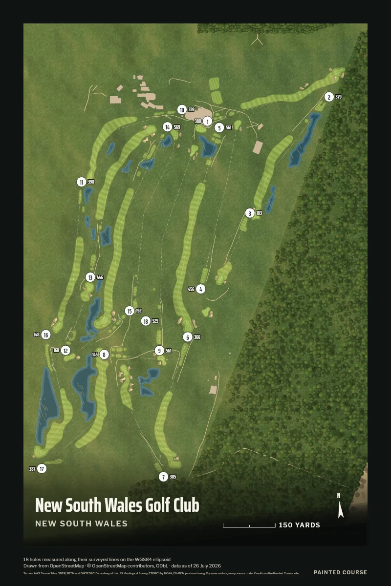 New South Wales Golf Club, New South Wales, Australia, drawn in the Aerial style from its OpenStreetMap survey: 18 holes, each numbered at its tee with its measured yards beside it.