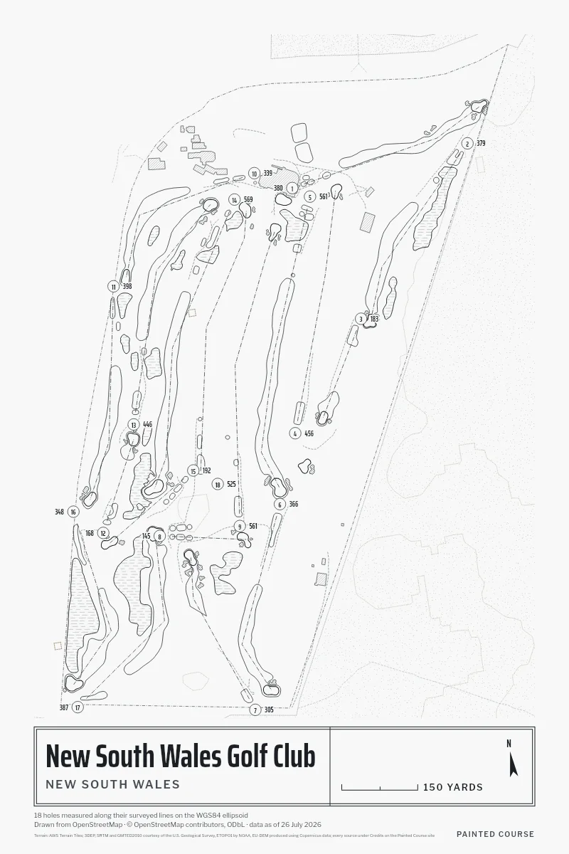 New South Wales Golf Club, New South Wales, Australia, drawn in the Architect style from its OpenStreetMap survey: 18 holes, each numbered at its tee with its measured yards beside it.