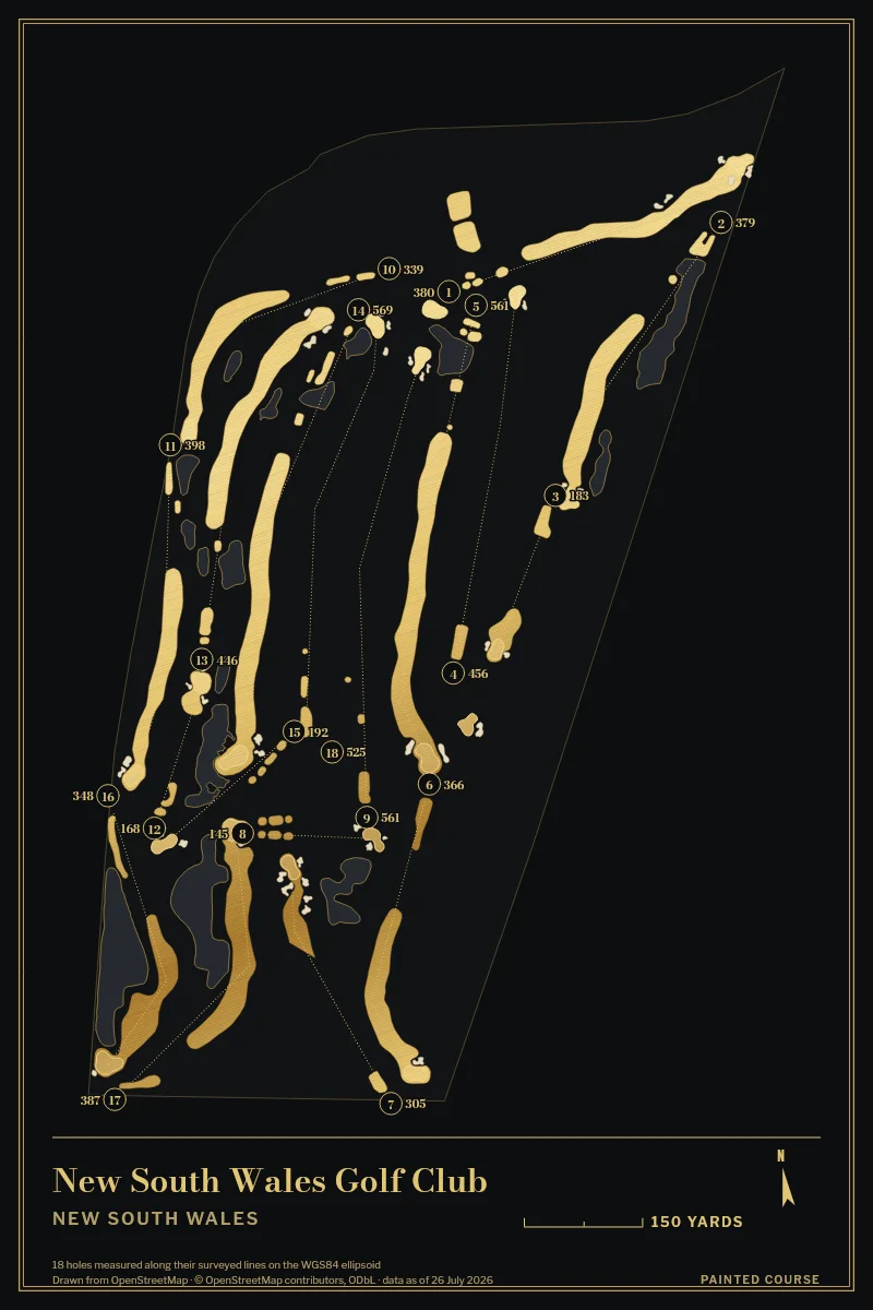 New South Wales Golf Club, New South Wales, Australia, drawn in the Gilt style from its OpenStreetMap survey: 18 holes, each numbered at its tee with its measured yards beside it.