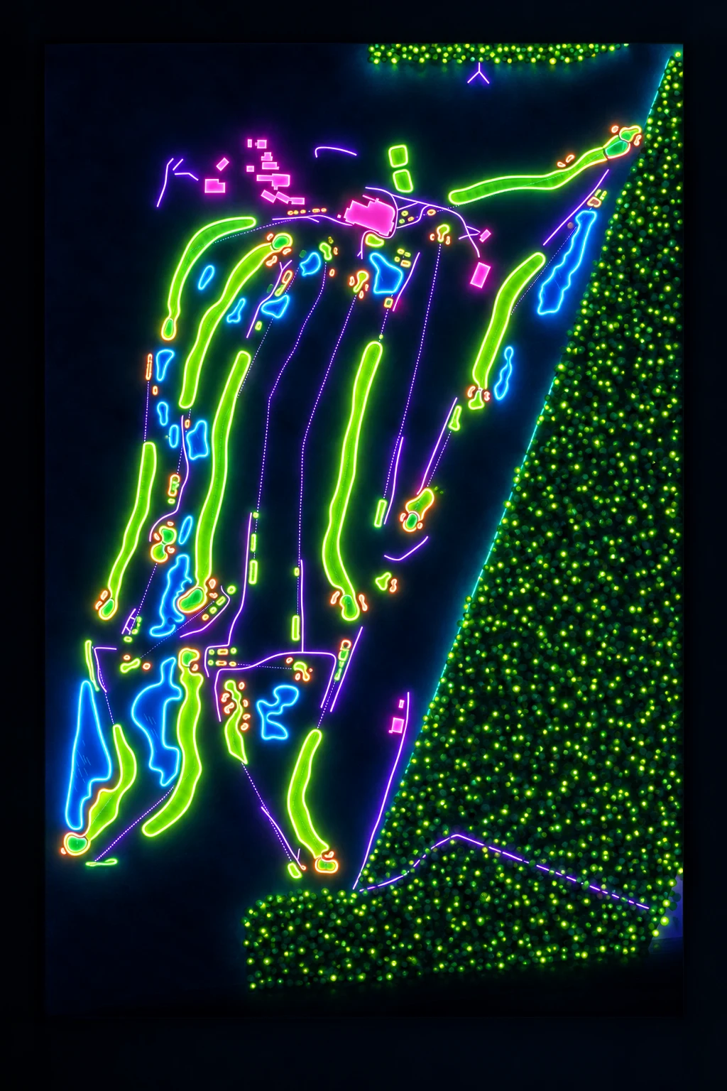 New South Wales Golf Club, New South Wales, Australia, seen from above and painted in the Neon manner: the routing of its 18 holes, its greens and its bunkers, in paint.