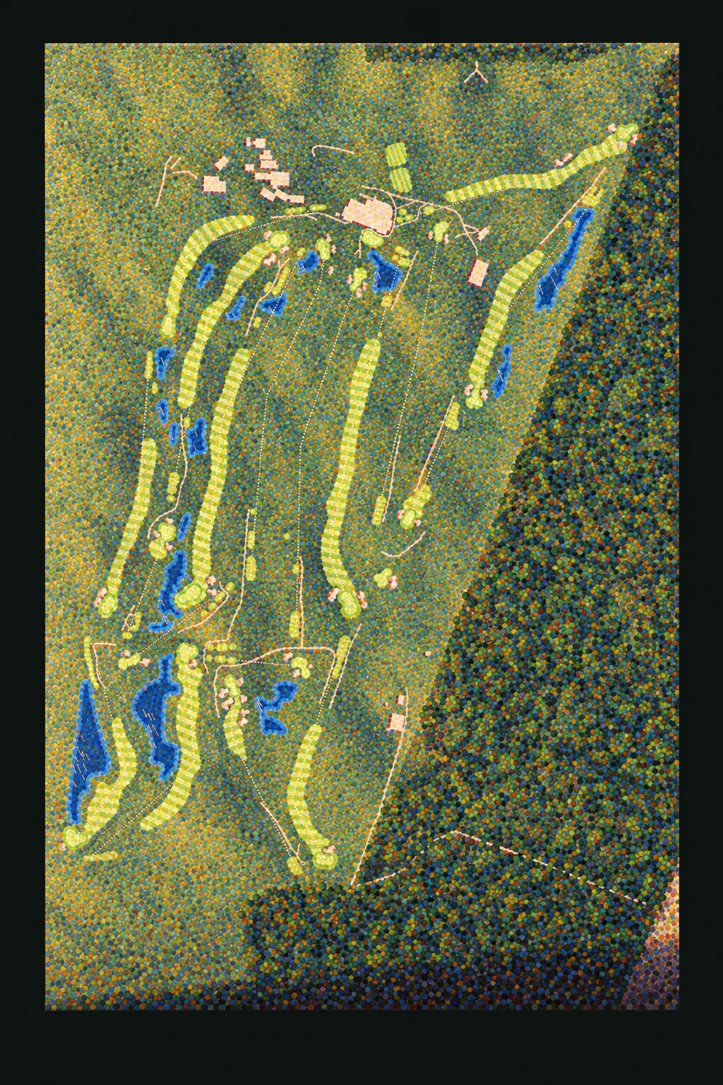 New South Wales Golf Club, New South Wales, Australia, seen from above and painted in the Pointillist manner after Georges Seurat: the routing of its 18 holes, its greens and its bunkers, in paint.