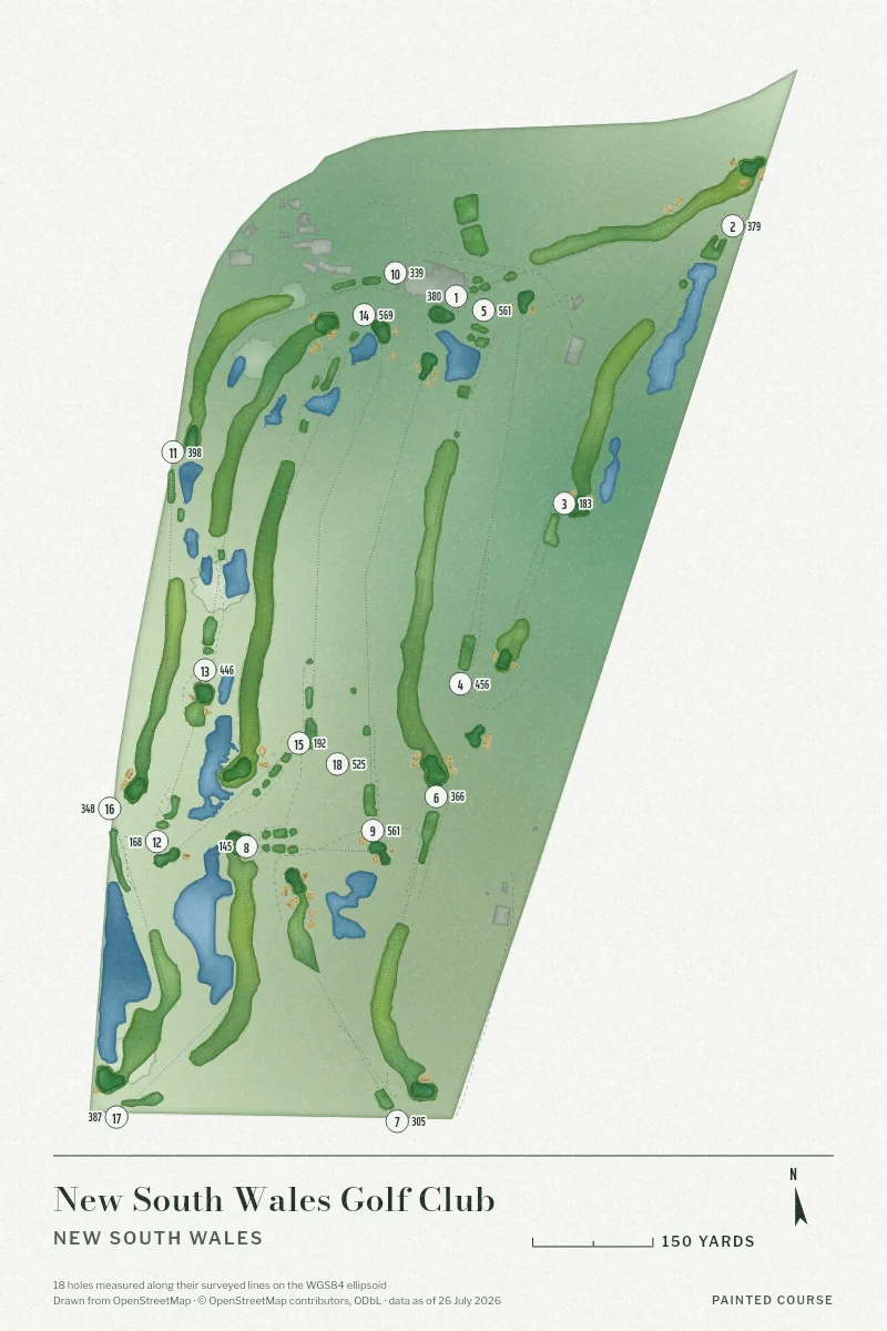 New South Wales Golf Club, New South Wales, Australia, drawn in the Watercolour style from its OpenStreetMap survey: 18 holes, each numbered at its tee with its measured yards beside it.
